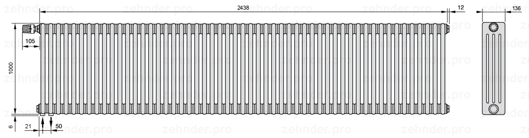 Схема (чертеж) Радиатор Zehnder Charleston 4100/53 №V001 Белый глянцевый RAL 9016